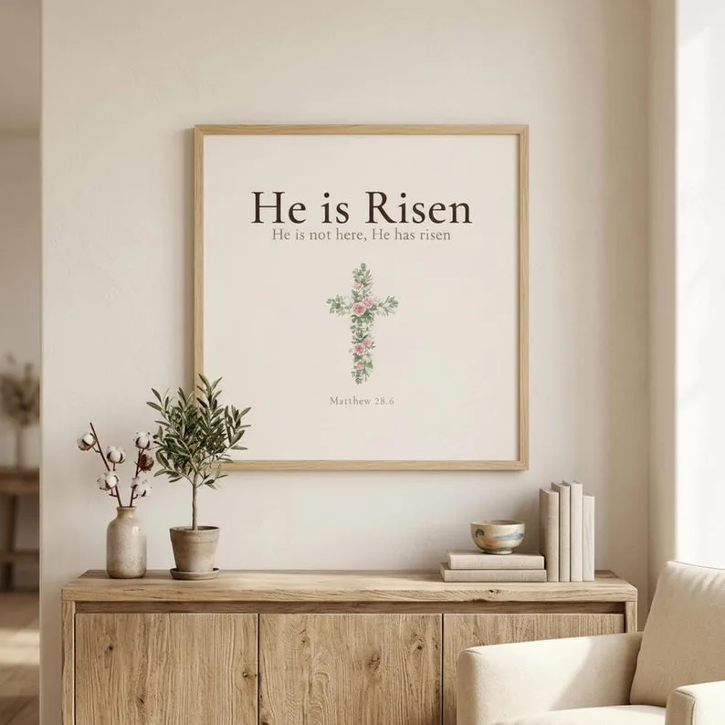 View 2 of He Is Risen Easter Scripture Art Set | Floral Cross Bible Verse Prints