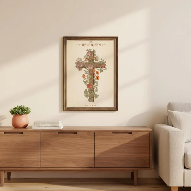 William Morris He is Risen Cross Print, Floral Easter Christian Decor, Spring Scripture Wall Art Gift
