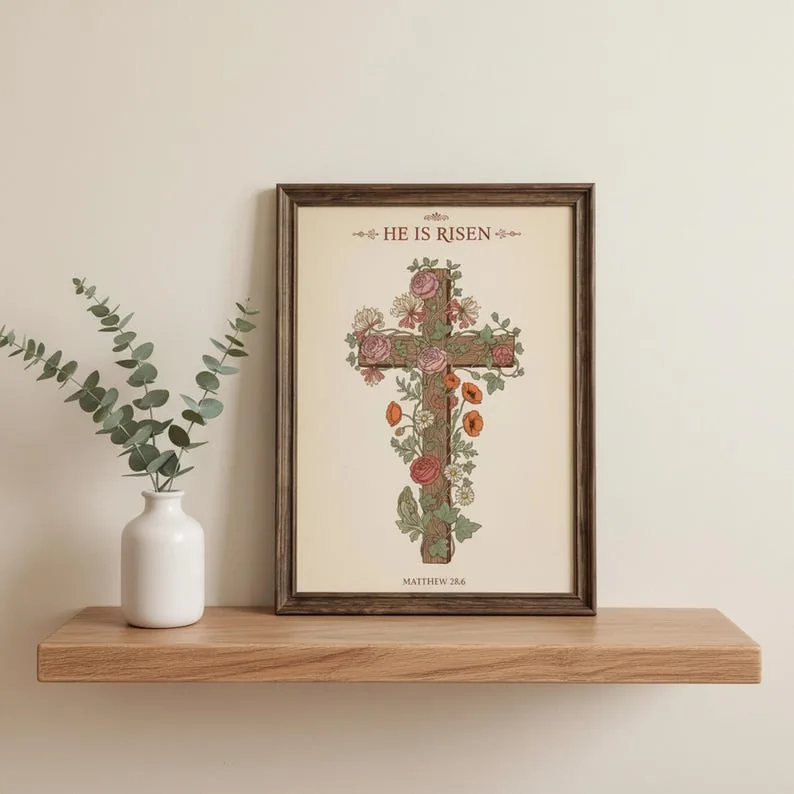 View 3 of He Is Risen Floral Cross Scripture Wall Art