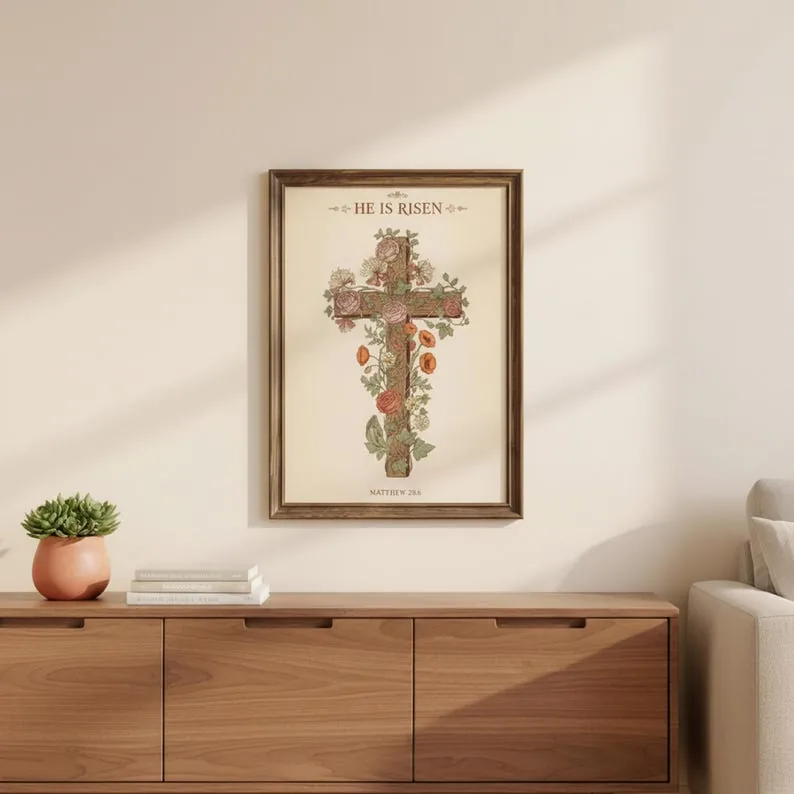 View 4 of He Is Risen Floral Cross Scripture Wall Art