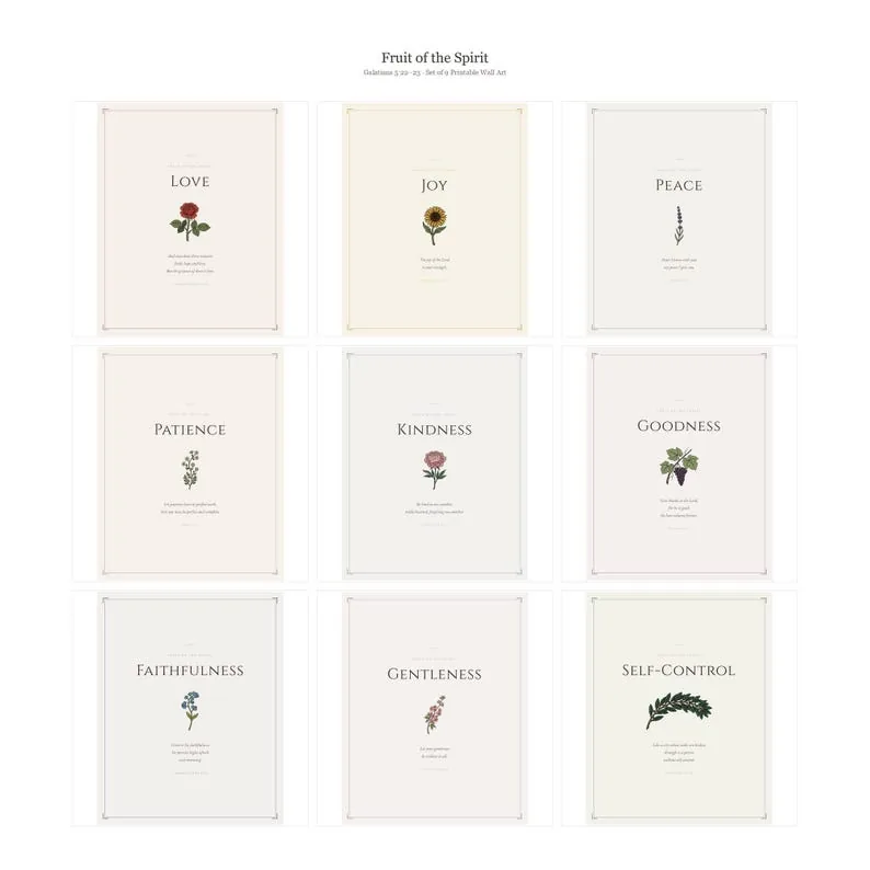 Fruit of the Spirit Vintage Wall Art Set of 9 Farmhouse Scripture Prints Galatians 5 22 Kitchen Decor