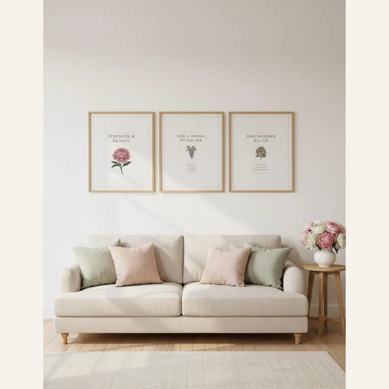 Mothers Day Scripture Wall Art Set of 3 Proverbs 31:25, Clothed in Strength, Christian Mom Gift Print