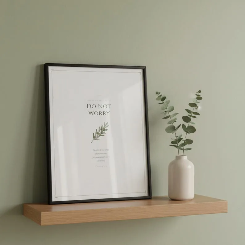 View 2 of Do Not Worry About Tomorrow, Matthew 6:34 Sage Green Scripture Wall Art