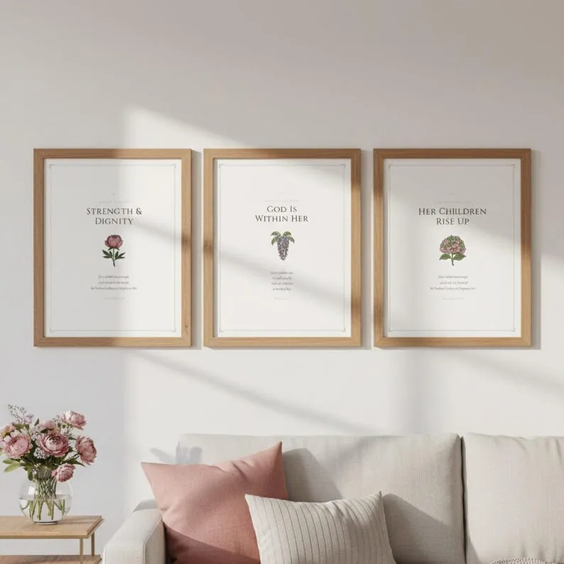Gospel Miracle Women, Mothers Day Gift, Psalm 46:5, Subtle Christian Art Set of 3 Botanical Scripture Prints