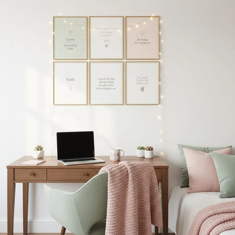 Christian Dorm Room Wall Art Bundle | Sage Coquette Bible Verse Set of 9 | Aesthetic Scripture Print