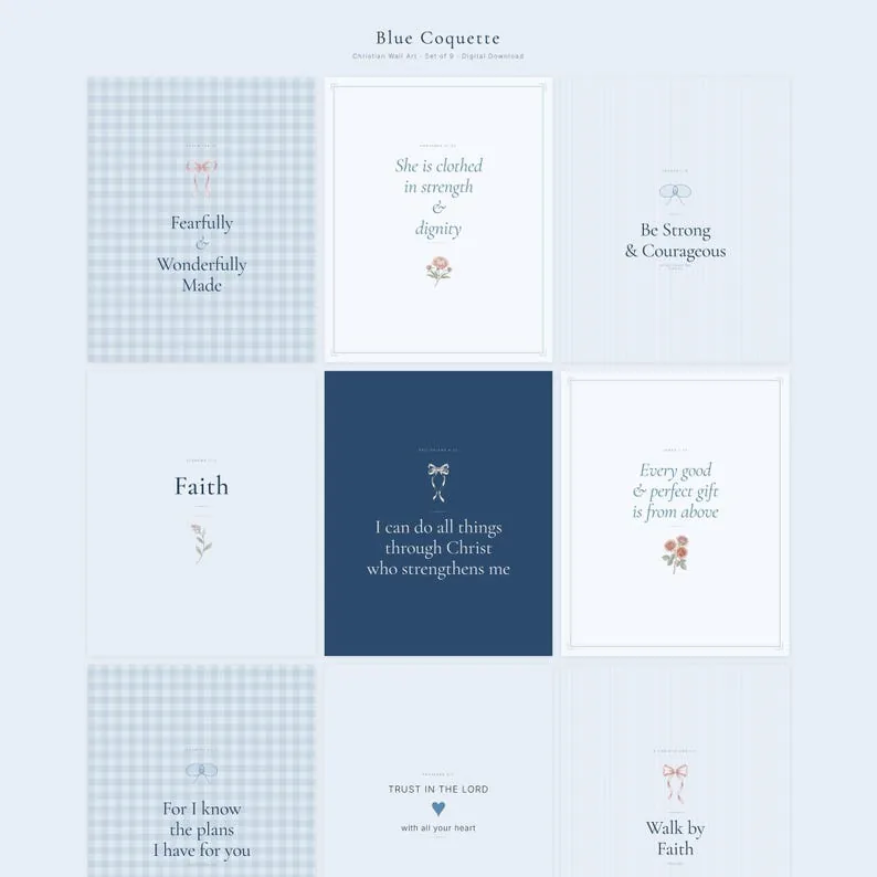View 2 of Blue Coquette Scripture Wall Art Set of 9 Bible Verse Prints