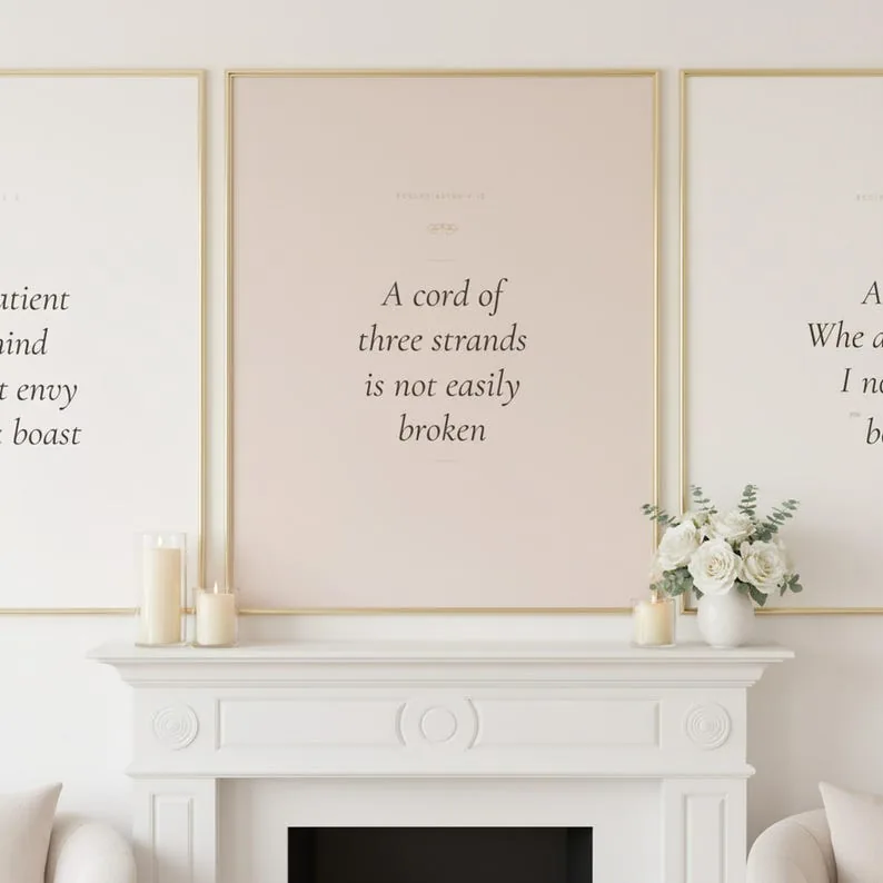 Christian Wedding Wall Art Set of 3 Bible Verse Prints Love Is Patient Scripture Couples Gift Gold Ivory