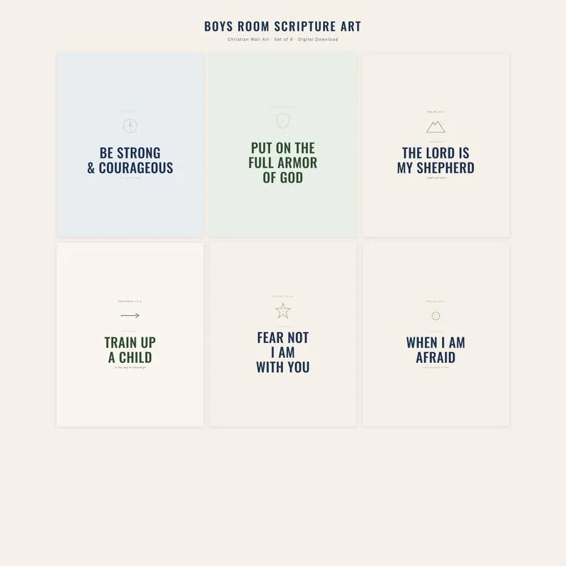 Christian Boys Room Wall Art Set of 6 Bible Verse Prints Navy Adventure Scripture, Sunday School Decor