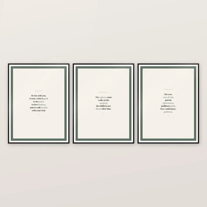 Man of God Fathers Day Scripture Set of 3 Sage Green Wall Art Micah 6:8 Proverbs 20 Bible Verse Print Christian Dad Gift