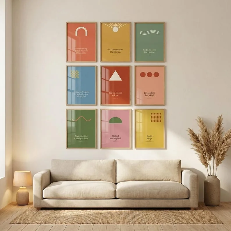 Trendy Christian Wall Art Set of 9, Colorful Bible Verse Gallery Wall Bundle, Modern Maximalist Scripture Printable, Digital Download