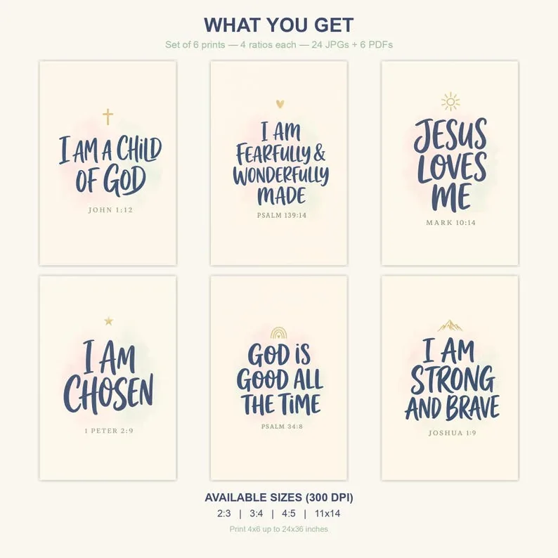View 2 of Kids Christian Wall Art Set of 6 Scripture Affirmation Prints
