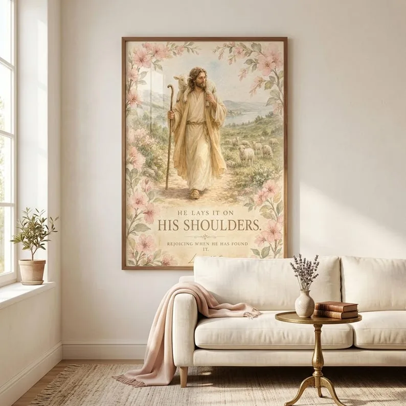 He Lays It On His Shoulders Luke 15:5 Watercolor Print, Good Shepherd Wall Art, Jesus Holding Lamb Digital Download, Christian Decor