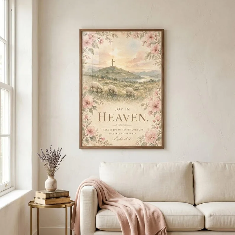 Joy in Heaven Luke 15:7 Watercolor Cross Print, Shepherd and Flock Christian Wall Art, Bible Verse Digital Download Faith Decor