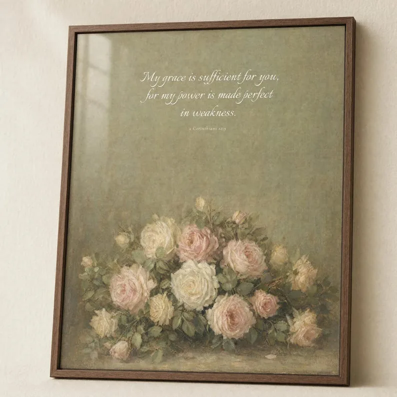 View 2 of My Grace Is Sufficient, 2 Corinthians 12:9, Vintage Oil Painting Scripture Wall Art