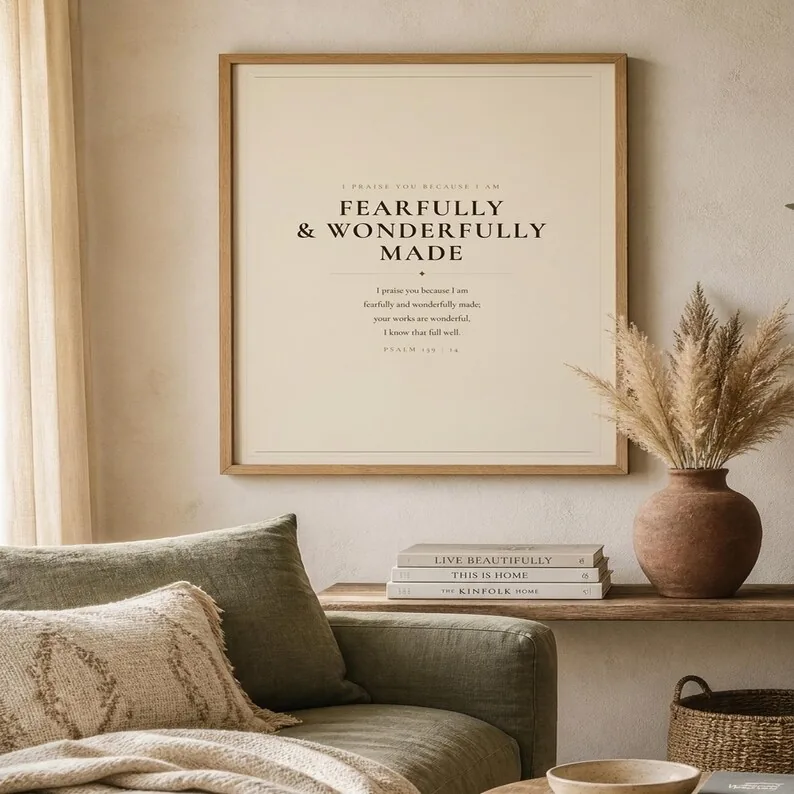 Fearfully & Wonderfully Made, Psalm 139:14 Boho Scripture Print, Christian Wall Art, Baptism Gift, Nursery Decor