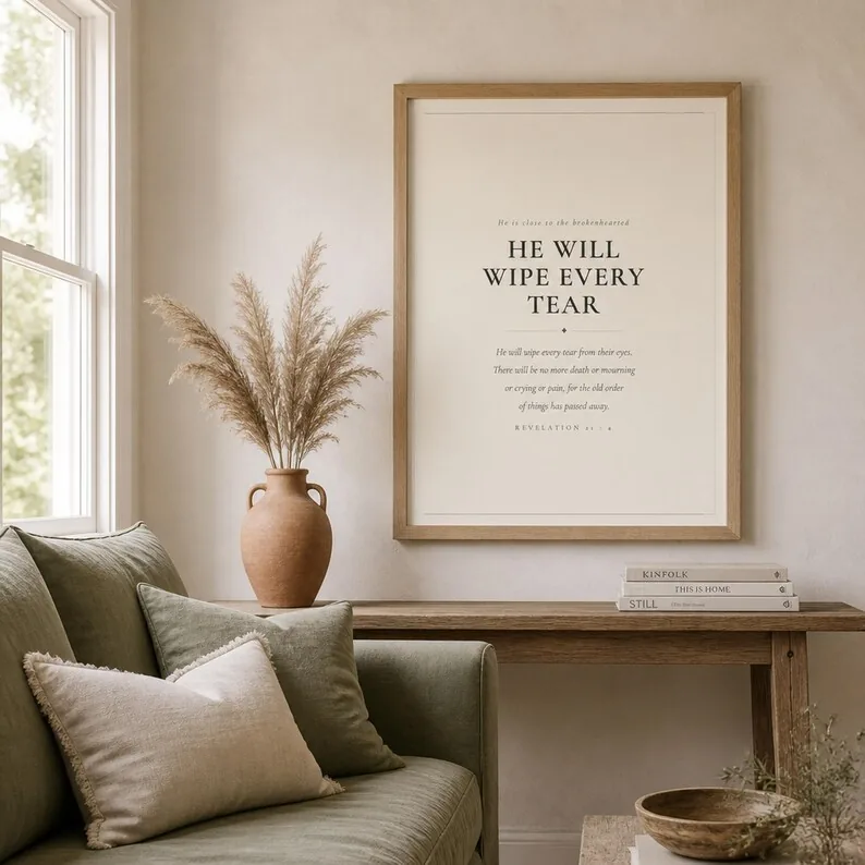 He Will Wipe Every Tear, Revelation 21:4 Scripture Print, Christian Sympathy Gift, Comfort Wall Art, Grief Scripture