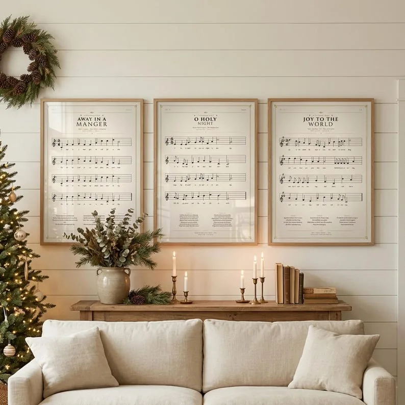 Christmas Hymns Gallery Wall Set of 3 framed on a wall