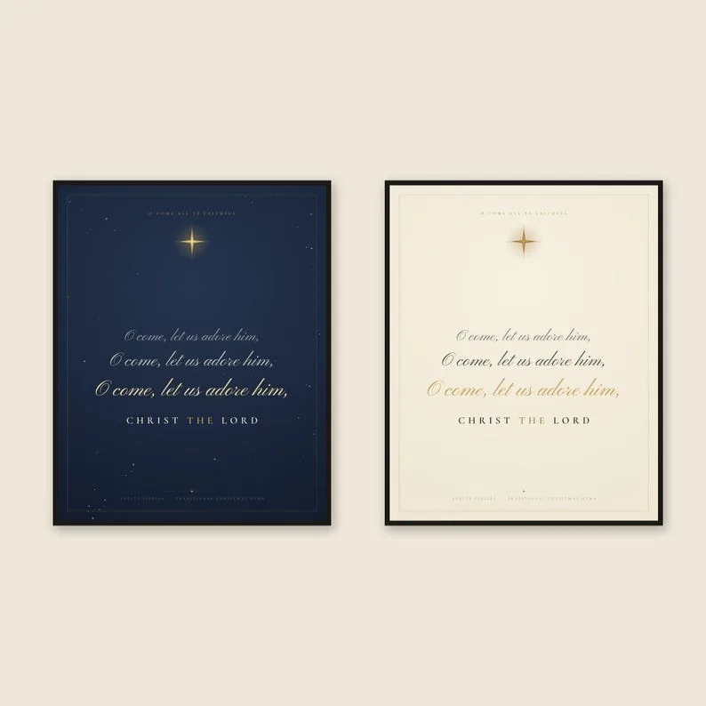 O Come Let Us Adore Him: Christian Christmas Wall Art, Hymn Print, Star of Bethlehem, Evergreen and Cream Holiday Decor