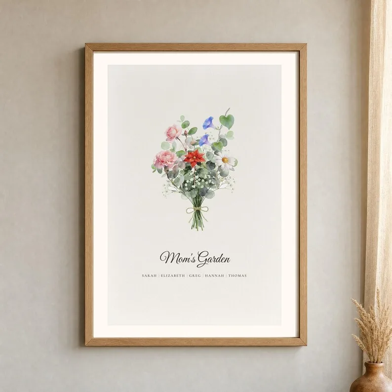 View 2 of Family Birth Flower Bouquet, Personalized Watercolor Print