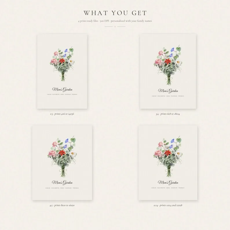 View 3 of Family Birth Flower Bouquet, Personalized Watercolor Print